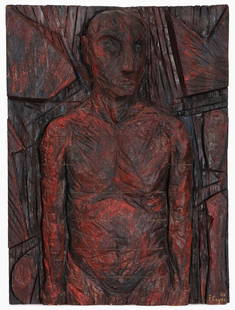 IMPRESSIVE PHILIPPE COGNÉE CARVED & POLYCHROME: PHILIPPE COGNÉE (French B. 1957-)Untitled - 1986Carved and polychrome wood reliefSigned lower right and dated 3/8663 inches x 46 inches (160 x 117 cm)SHIPPING NOTICE: