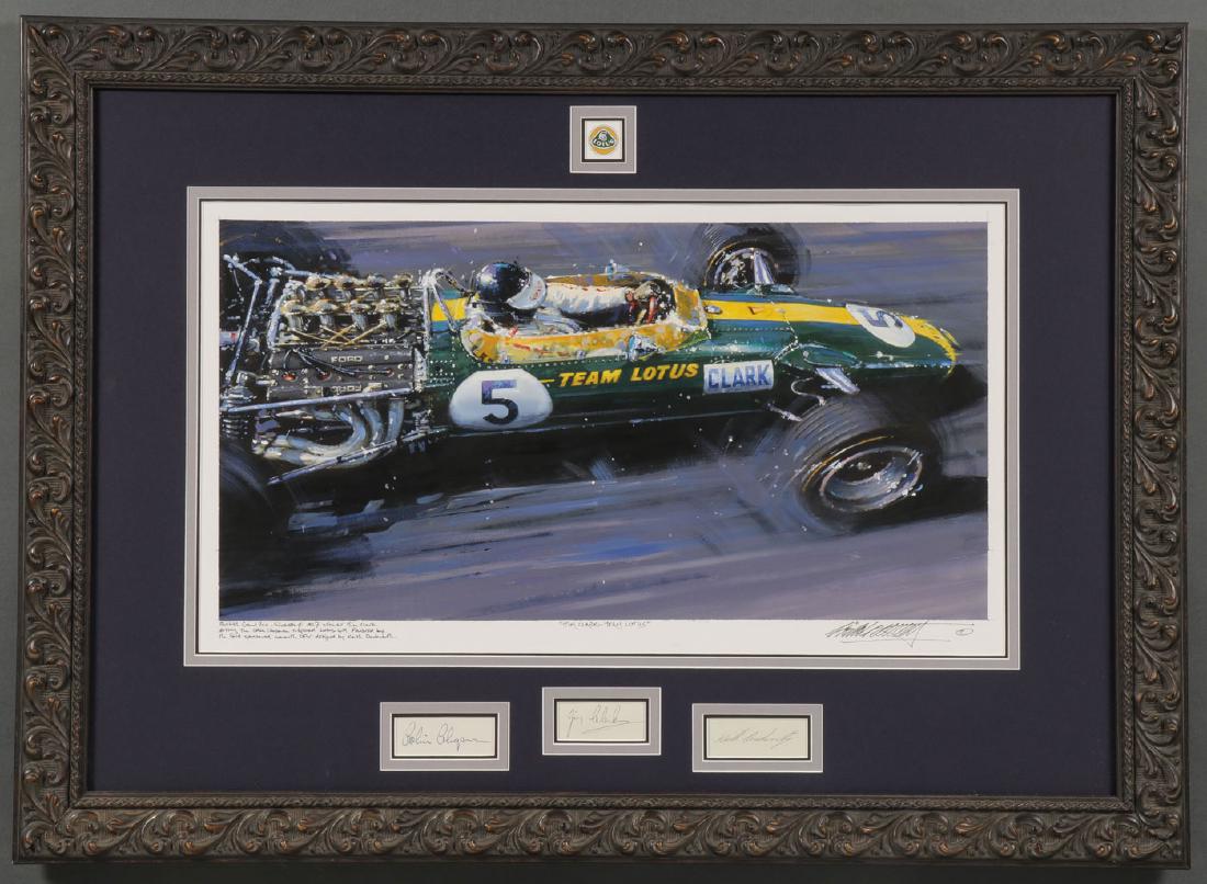 1967 BRITISH GRAND PRIX PAINTING WITH SIGNATURES: ORIGINAL 1967 BRITISH GRAND PRIX PAINTING WITH SIGNATURES. Comprising an original signed acrylic on canvas painting by Nicholas Watts (British B. 1947- ) titled Jim Clark - Team Lotus, featuring the w