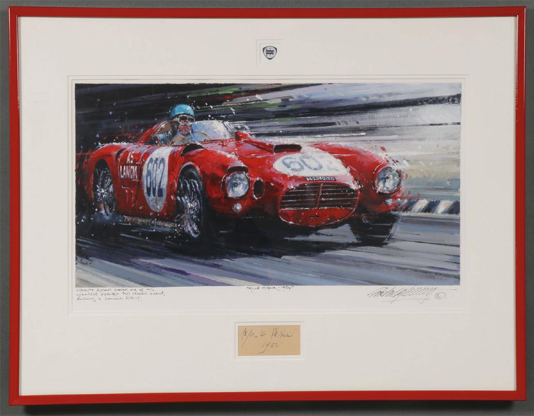 1954 MILLE MIGLIA & ALBERTO ASCARI SIGNATURE: ORIGINAL PAINTING OF 1954 MILLE MIGLIA & ALBERTO ASCARI SIGNATURE. Comprising an original acrylic on canvas painting by artist Nicholas Watts (British B. 1947- ), titled Mille Miglia 1954, featuring a