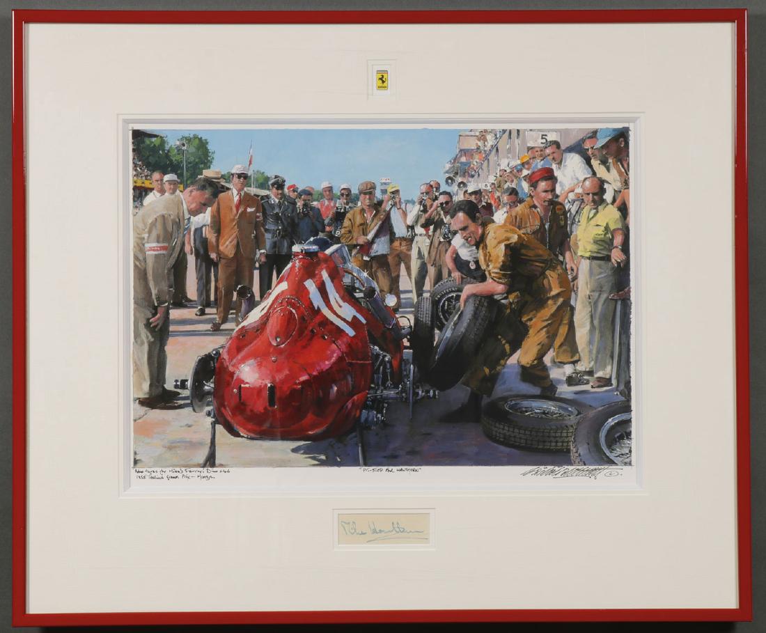 FORMULA 1 RACING PAINTING & MIKE HAWTHORNE SIG: ORIGINAL FORMULA ONE RACING PAINTING & MIKE HAWTHORN SIGNATURE. Comprising an original acrylic on canvas by Nicholas Watts (British B. 1947- ) titled Pit-Stop for Hawthorn, depicting noted British dri