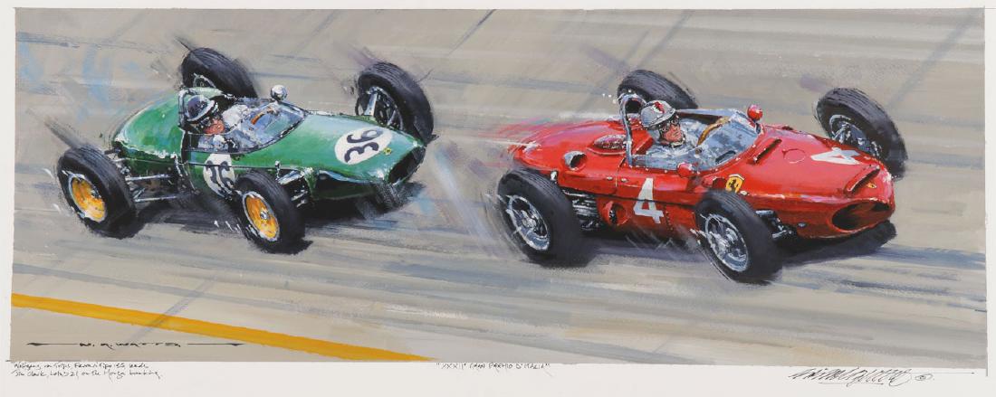 ORIGINAL FORMULA ONE AUTO RACING PAINTING: ORIGINAL FORMULA ONE AUTO RACING PAINTING. Comprising an original signed acrylic painting on paper by Nicholas Watts (British B. 1947- ), titled Italian Grand Prix XXXII, depicting Wolfgang von Trips 