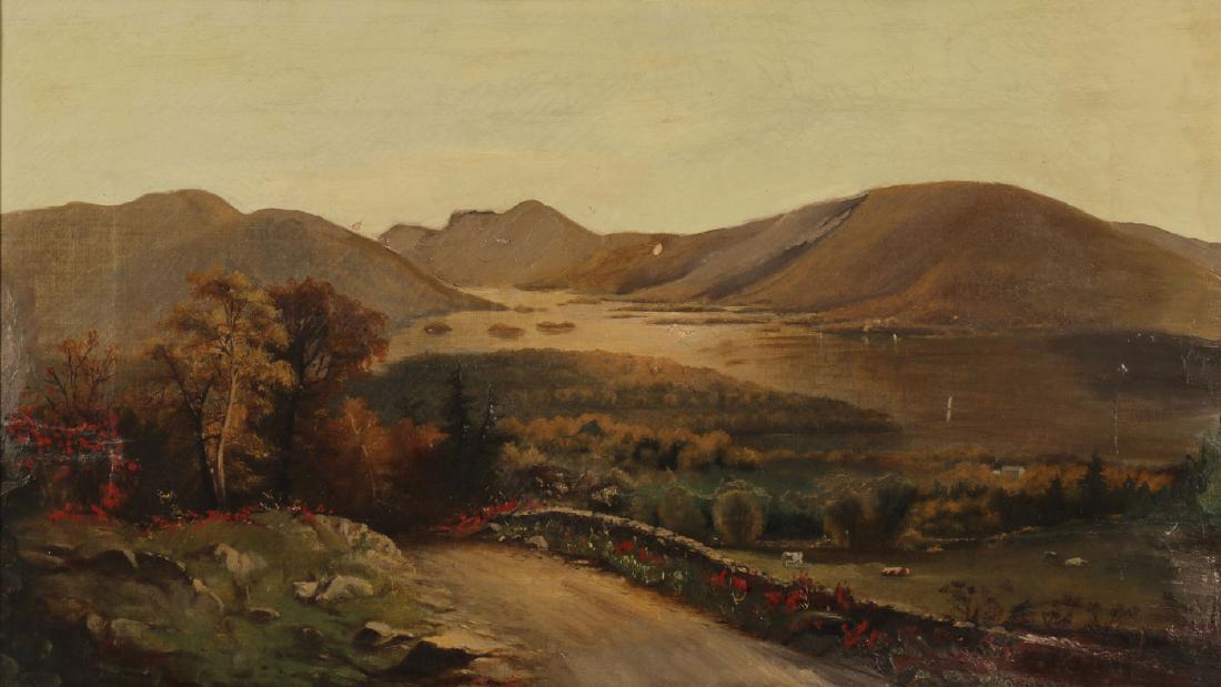 HUDSON RIVER SCHOOL PAINTING AND FRAME: HUDSON RIVER SCHOOL (19th Century) Expansive Landscape Oil on canvas Apparently unsigned 16 inches x 28 inches (40.5 x 70.5 cm) Contained in an impressive Hudson River School press molded gilt frame