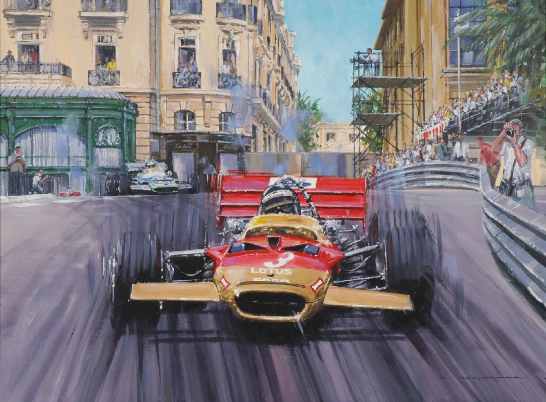 ORIGINAL 1970 MONACO GRAND PRIX PAINTING: NICHOLAS WATTS (British B. 1947- ) 1970 Monaco Grand Prix - Jochen Rindt Acrylic on board Signed lower right 22 inches x 29.5 inches (56 x 75 cm). SHIPPING NOTICE: Jacks