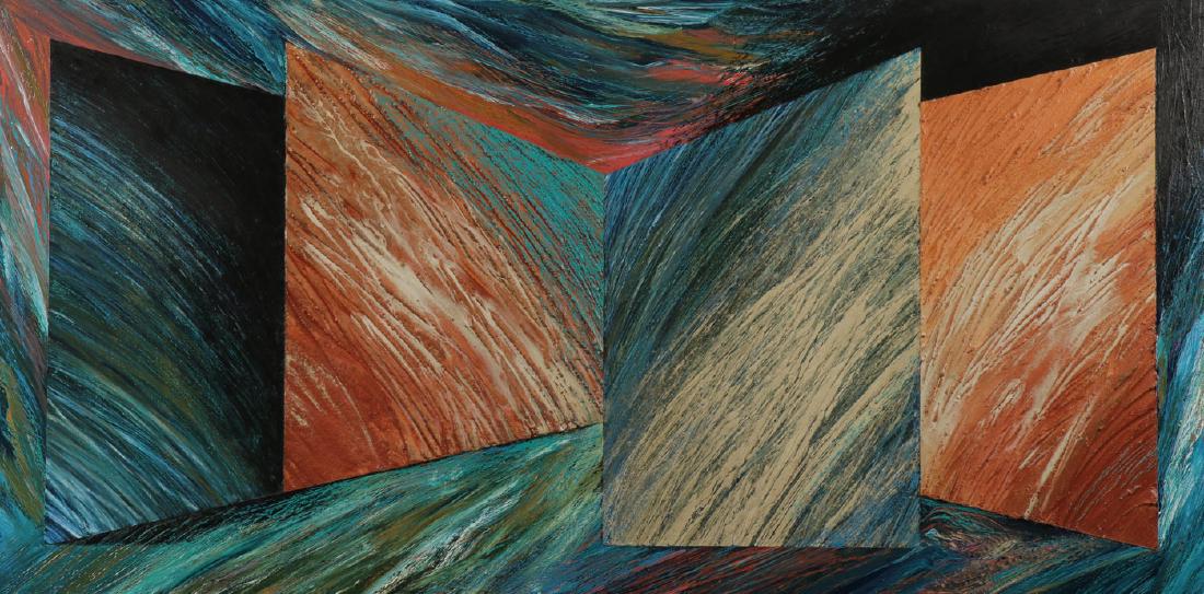 LARGE MODERN ART BY L. J. DILL: LADDIE JOHN DILL (American B. 1943- )Untitled Pigmented cement and oil on woodArtist signed on verso "Laddie John Dill 1988" 42.5 inches x 84 inches SHIPPING NOTICE: