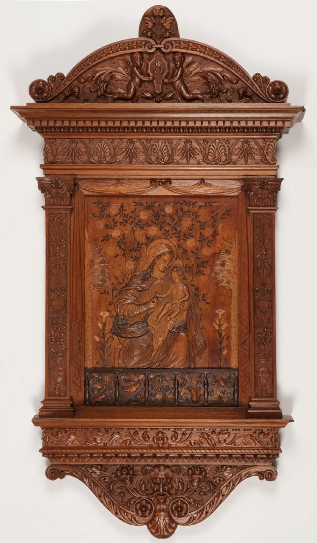 SPECTACULAR CARVED PLAQUE VIRGIN & CHILD C 1890: A SPECTACULAR RENAISSANCE REVIVAL CARVED RELIEF PLAQUE OF THE VIRGIN & CHILD, CIRCA 1890, PROBABLY ITALIAN. The central panel depicting an image of the Virgin and Child, carved in high relief and comp