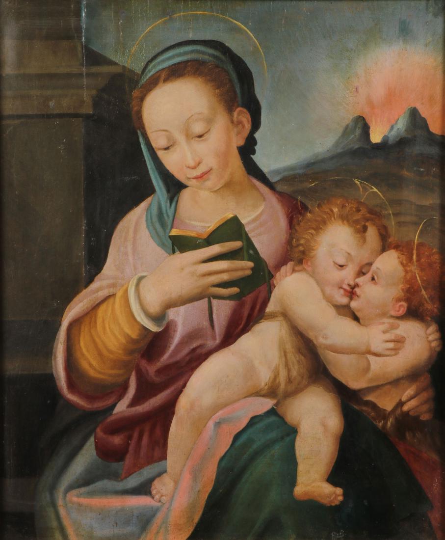 ITALIAN PAINTING OF THE MADONNA ON WOOD C 1600: ITALIAN SCHOOL (Circa 1600) The Madonna & Child with Infant John the Baptist with Mt. Vesuvius Erupting in background Oil on wood panel 24.5 inches x 20 inches (62 x 51 cm) Provenance: