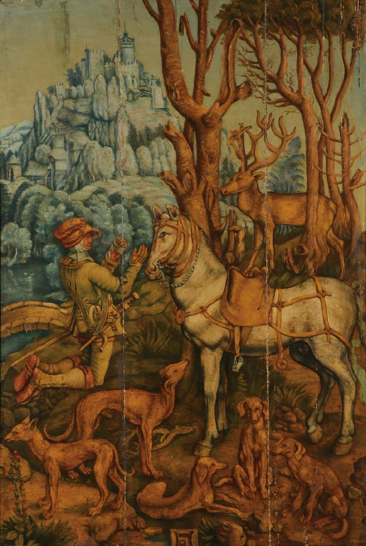 LARGE PAINTING AFTER ALBRECHT DURER: Style of ALBRECHT DURER (German 1471-1528) The Vision of St. Hubertus - probably 19th century Oil on joined wood panel Bears monogram lower center 41 inches x 27.75 inches (104 x 70 cm)