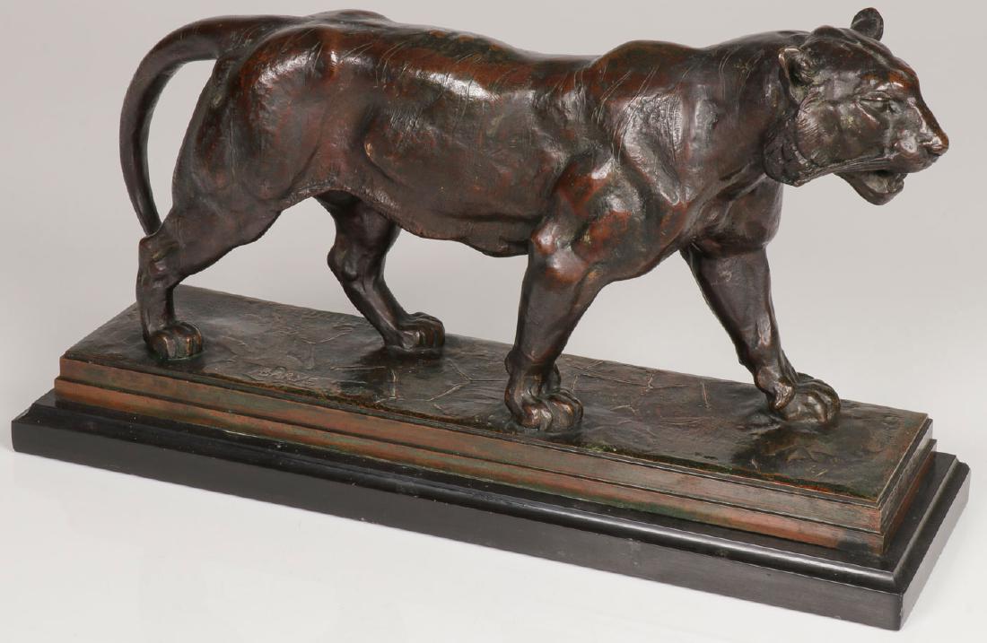 ANTOINE-LOUIS BARYE BRONZE TIGER: ANTOINE-LOUIS BARYE (French 1796-1895) Tigre Marchant Bronze with brown and partial verdigris patina Inscribed on base "BARYE" Length 15.5 inches (39.5 cm), height 8.4 inches (21 cm) - excluding vinta