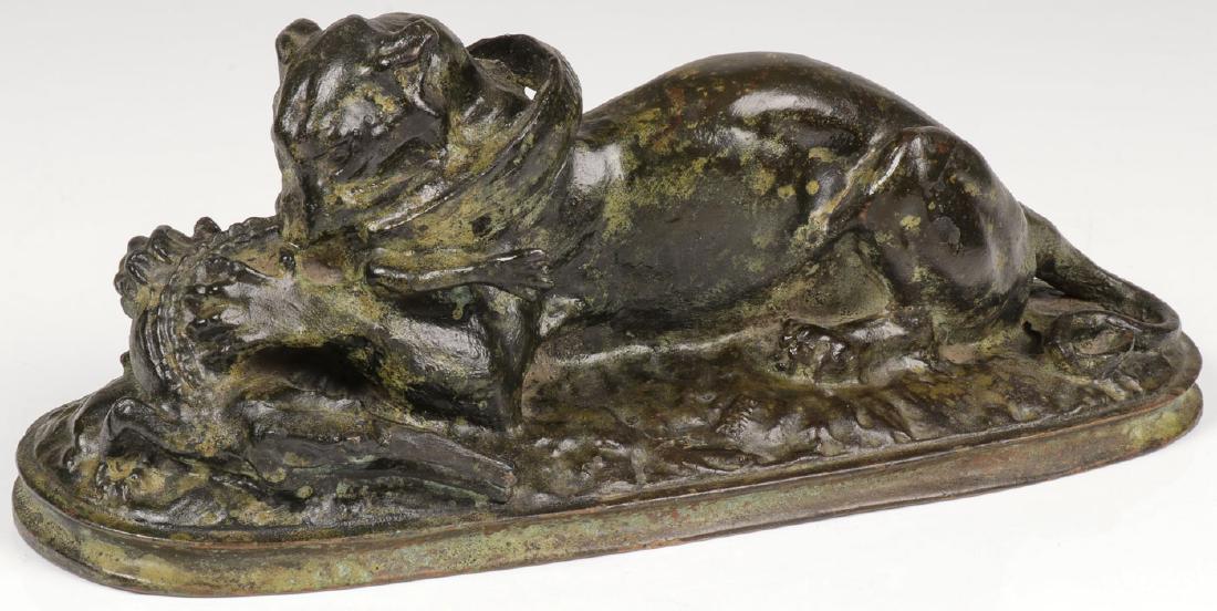 A BRONZE AFTER A. L. BARYE: After ANTOINE LOUIS BARYE (French 1795-1875) Tigre devoriant un gavial Bronze with brown and verdigris patina Incised on base "Barye" Length 10 inches (25.5 cm) SHIPPING NOTICE: