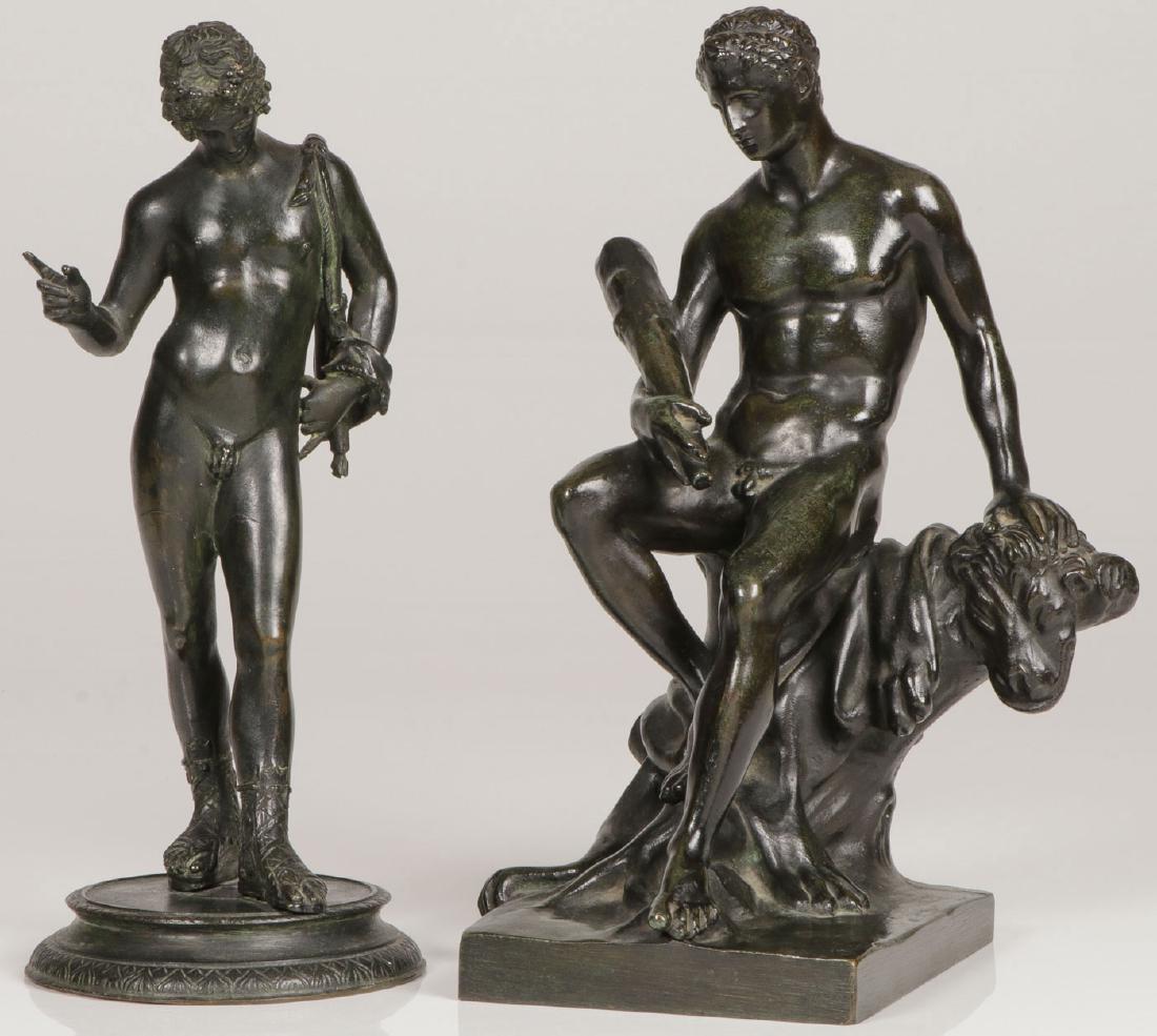 A PAIR OF GRAND TOUR BRONZES, 19TH CENTURY: A PAIR OF GRAND TOUR BRONZES, 19TH CENTURY. Comprising a patinated bronze model of the Seated Young Hercules (probably French) seated on lion pelt and holding a club on integral square base after the 