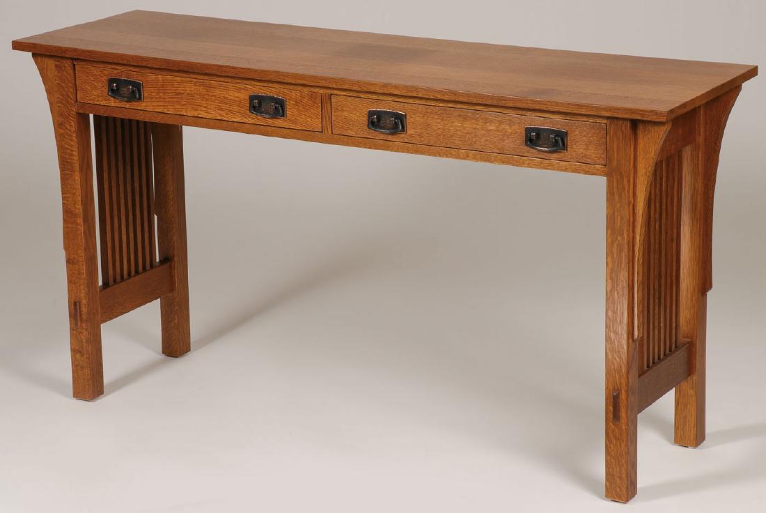 A CONTEMPORARY STICKLEY SOFA TABLE: A CONTEMPORARY STICKLEY SOFA TABLE. Comprising a flat rectangular top above two drawers with hammered copper handles and squared legs with exposed through tenon construction connected by stretcher and
