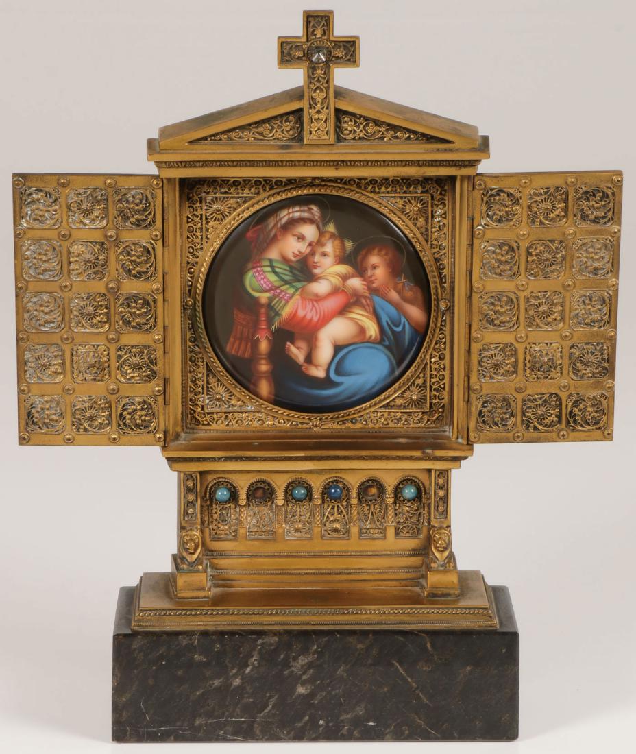 NEO BYZANTINE TRIPTYCH CIRCA 1890: AN IMPRESSIVE GILT BRONZE AND HAND-PAINTED NEO BYZANTINE TRIPTYCH SHRINE, CIRCA 1890. Resting on a polished marble base with beveled edge, the rectangular stepped platform supporting an imposing shrin