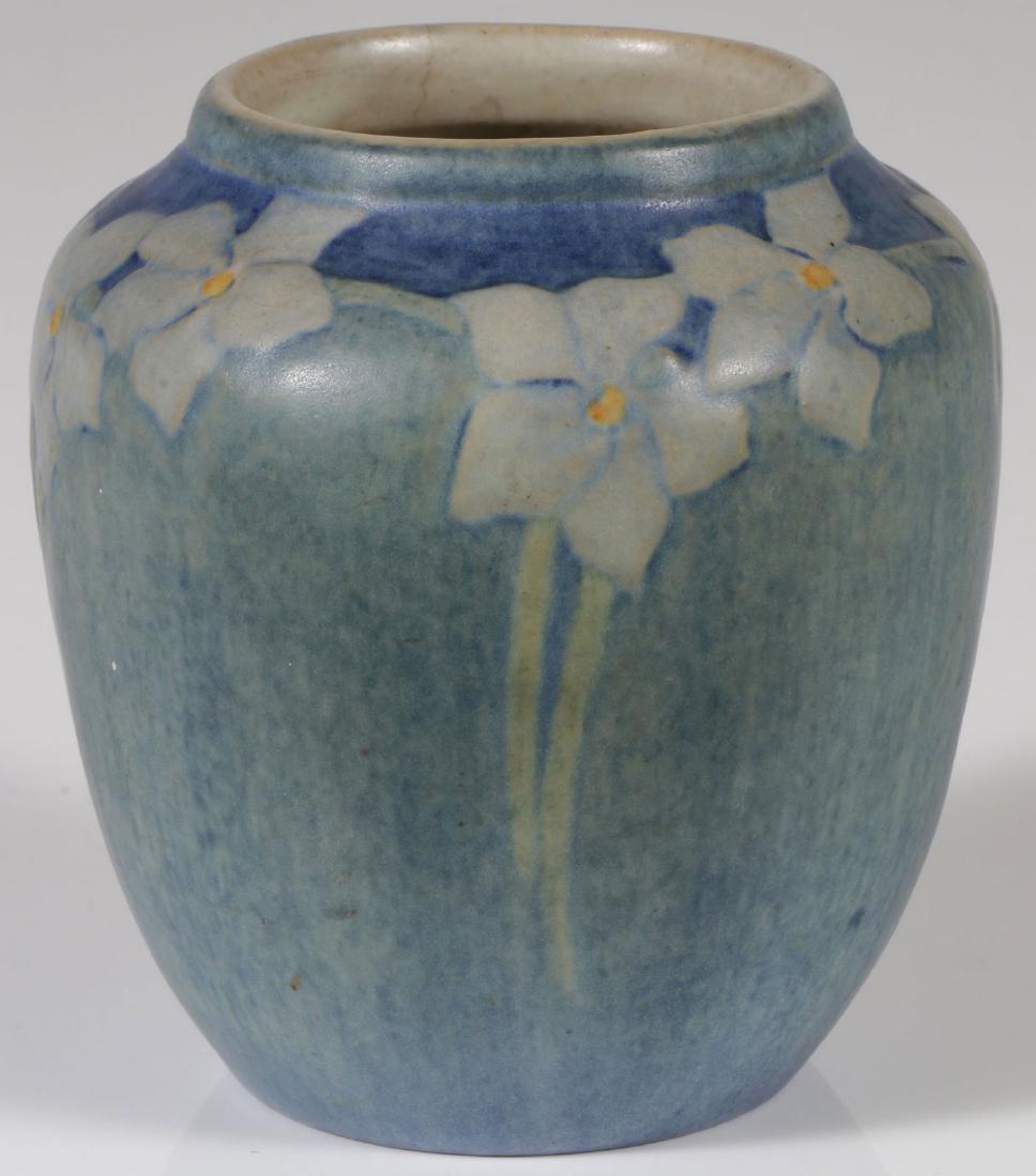 A NEWCOMB COLLEGE VASE BY CYNTHIA LITTLE JOHN: A NEWCOMB COLLEGE VASE BY CYNTHIA LITTLE JOHN. The bulbous form with carved and painted floral "Narcissus" design. Underside of base with decorator's mark for Cynthia Little John, as well as "JM, NC, 