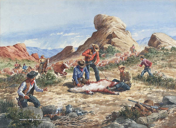 LLOYD HARTING (American 1901-1974), Branding Time: LLOYD HARTING (American 1901-1974), Branding Time, watercolor and gouache on paper, signed lower left "Lloyd Harting". 22 inches x 3 inches. Estimate $4,000-$6,000