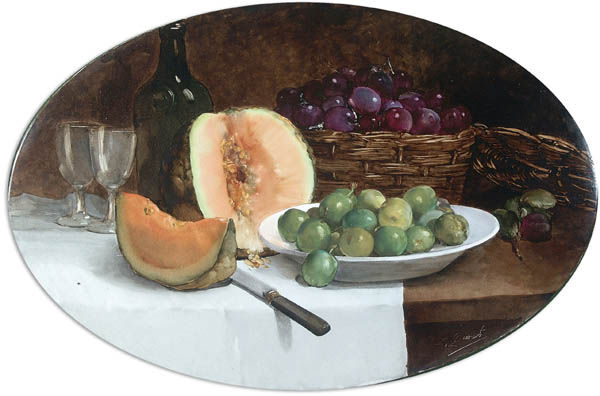 ERNEST QUOST (French 1844-1931) Still Life of Fru: ERNEST QUOST (French 1844-1931) Still Life of Fruit, oil on oval porcelain plaque, signed lower right "E. Quost". 26 inches x 18 inches. Estimate $500-$1,000