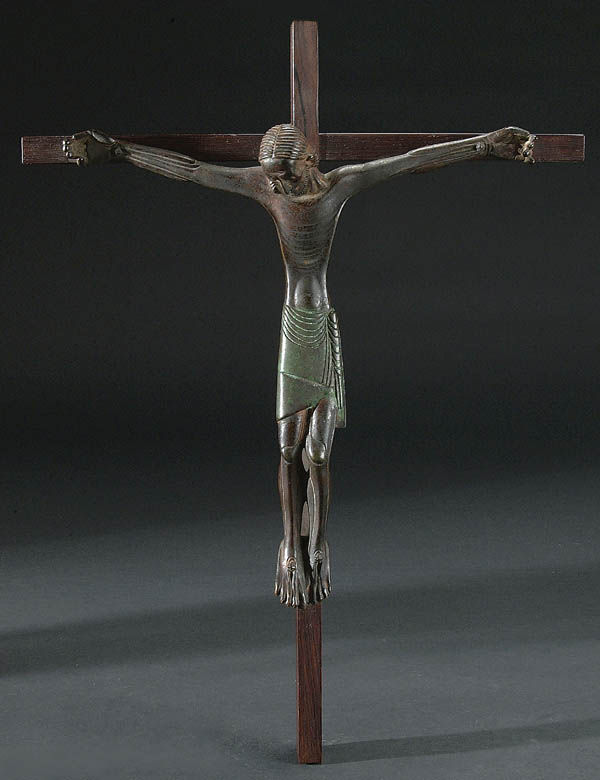 JEAN LAMBERT-RUCKI (French 1886-1967) Corpus Chri: JEAN LAMBERT-RUCKI (French 1886-1967) Corpus Chrisi, bronze with dark brown and green patina, mounted on a wood cross. Incised "Lambert-Rucki". Height of corpus 10 inches (25.5 cm). Estimate $1,000-$2