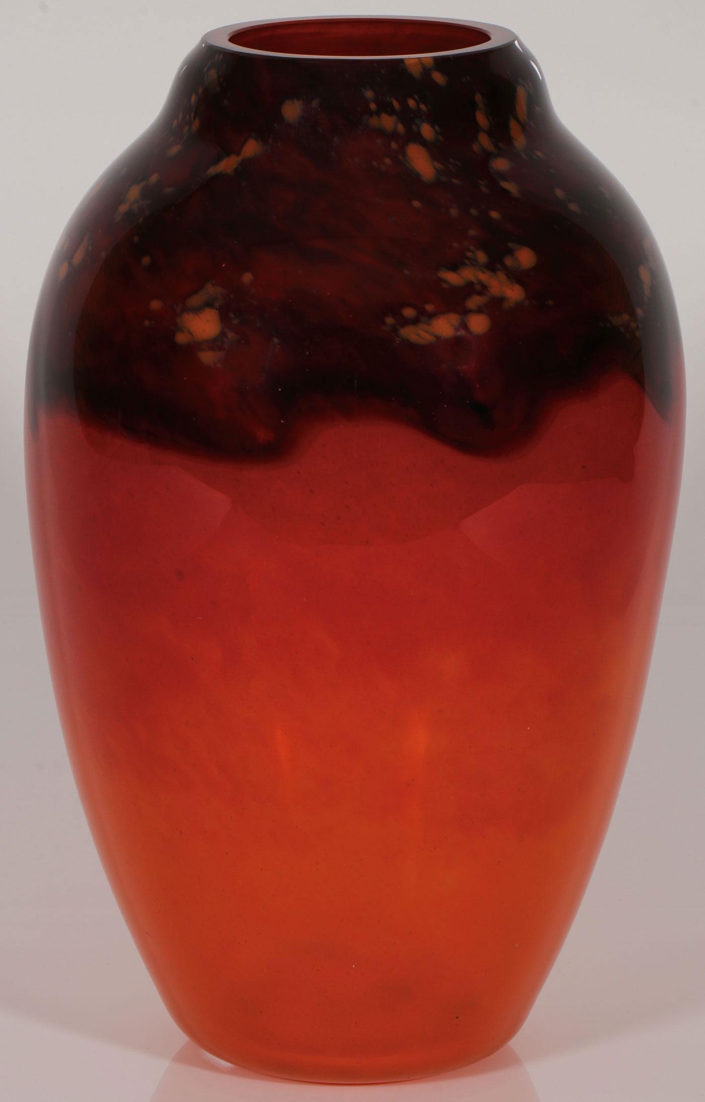 A LARGE SCHNEIDER ART GLASS VASE, CIRCA 1925: A LARGE SCHNEIDER ART GLASS VASE, CIRCA 1925. The shoulders overlaid in mottled colors atop an amber field, the side etched "Schneider." Height 18 inches (45.6 cm). SHIPPING NOTICE: Jacks