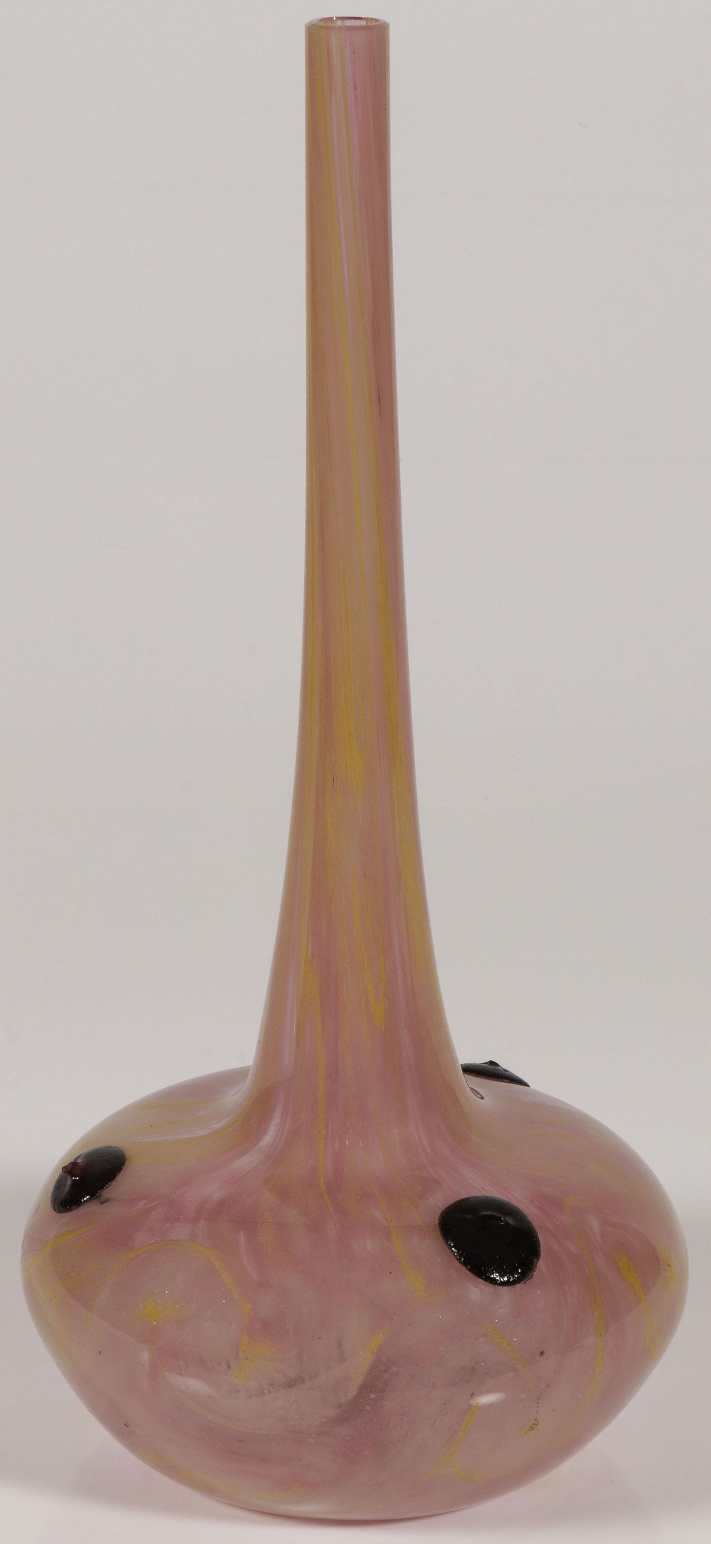 A LARGE & SCARCE SCHNEIDER BAJOUX VASE, C. 1920: A LARGE & SCARCE SCHNEIDER BAJOUX VASE, C. 1920. Of squashed bottle form, the shoulders with applied glass droplets and the neck in a gold and pink striation pattern. Signed on shoulder with Schneider