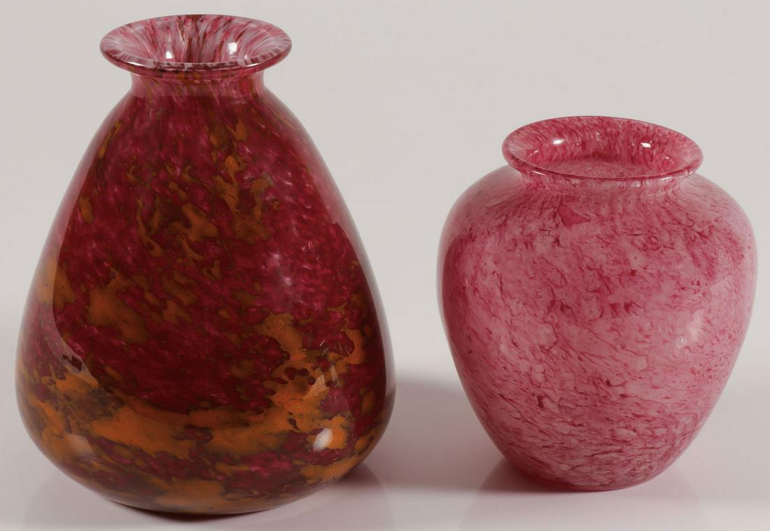 SCHNEIDER & STEUBEN ART GLASS VASES: SCHNEIDER & STEUBEN ART GLASS VASES. Comprising a squashed amphora form vase with flared lip in mottled brown, orange, and pink, signed SCHNEIDER and FRANCE, 8.25 inches (21 cm), together with anothe