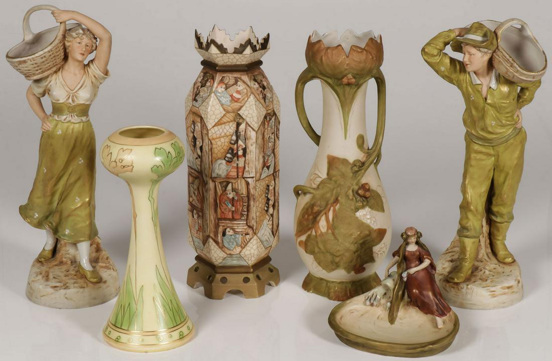 ROYAL DUX AND RELATED PIECES, CIRCA 1900: ROYAL DUX AND RELATED PIECES, CIRCA 1900. Comprising a large and impressive pair of Royal Dux figures of a man and woman with harvest baskets. Finely modeled and with gilt highlights, both with pink t