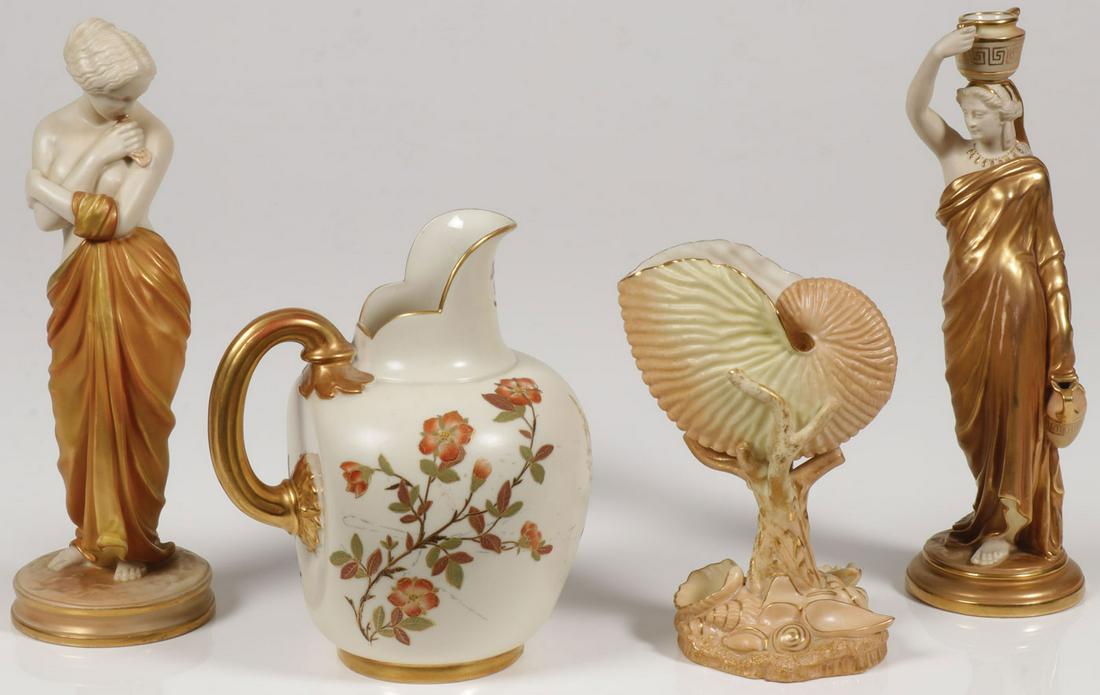 ROYAL WORCESTER PORCELAIN: ROYAL WORCESTER PORCELAIN. Comprising four pieces of Royal Worcester including a figure of a classical woman holding a dove, height 10 inches, a figure of a classical woman water carrier, height 10 in