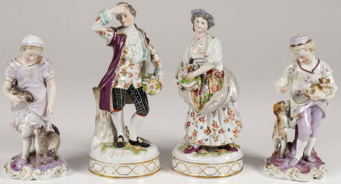 FRENCH PORCELAIN GROUPING, 18TH/19TH CENTURY: FRENCH PORCELAIN GROUPING, 18TH/19TH CENTURY. Comprising a pair of figures depicting a girl with cats and a boy with dogs, the underside of each with blue underglaze mark for Joseph Gaspard Robert, h