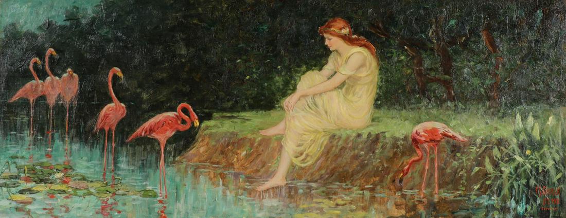 LARGE FREDERICK S CHURCH OIL, 1911: FREDERICK STUART CHURCH (American 1842-1924)Flamingoes - 1911Oil on canvasSigned and dated 1911 N.Y. lower right and verso with hand written artist's label titled.16 inches x 40 inches in likely its