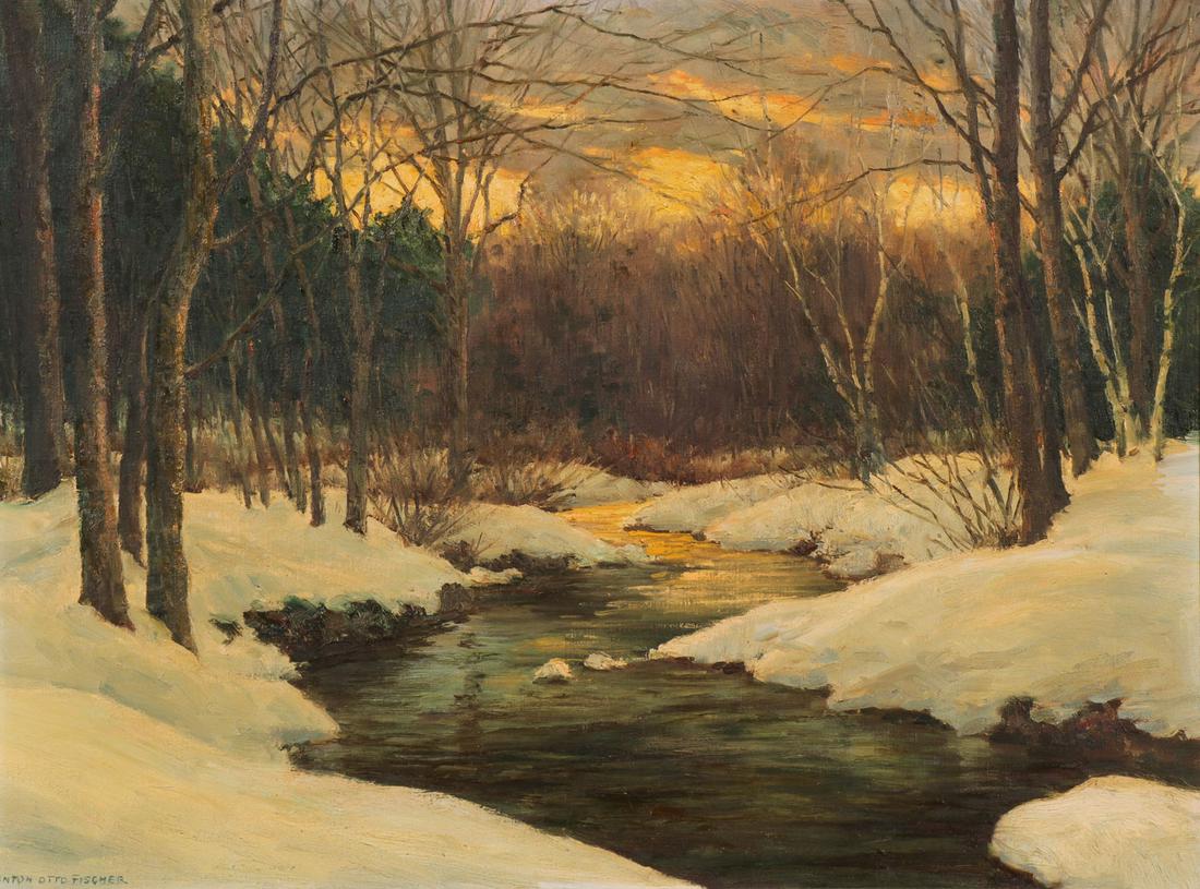 ANTON OTTO FISCHER OIL ON CANVAS: ANTON OTTO FISCHER (American/German 1882-1962) Snowbound Brook-At Dusk Oil on canvas Signed lower left and verso with inscribed exhibition label 18 inches x 24 inches S