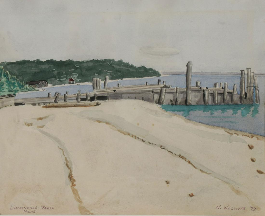 NEIL WELLIVER MAINE PAINTING: Attributed to NEIL WELLIVER (American 1929-2005)Lincolnville Beach Main-'72 Watercolor on paperSigned lower right and inscribed lower left with title.10 inches x 12 inches