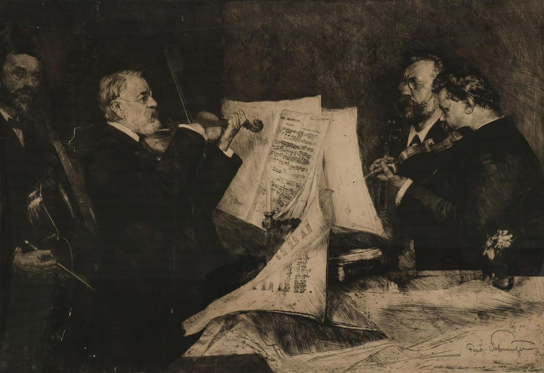 FREDINAND SCHMUTZER ETCHING, 1904: FERDINAND SCHMUTZER (Austrian 1870-1928)The Joachim Quartet Playing Beethoven - 1904Etching and drypointSigned "Ferdi. Schmutzer" lower right as well as on sheet music33.5 inches x 48.4 inches (85 x