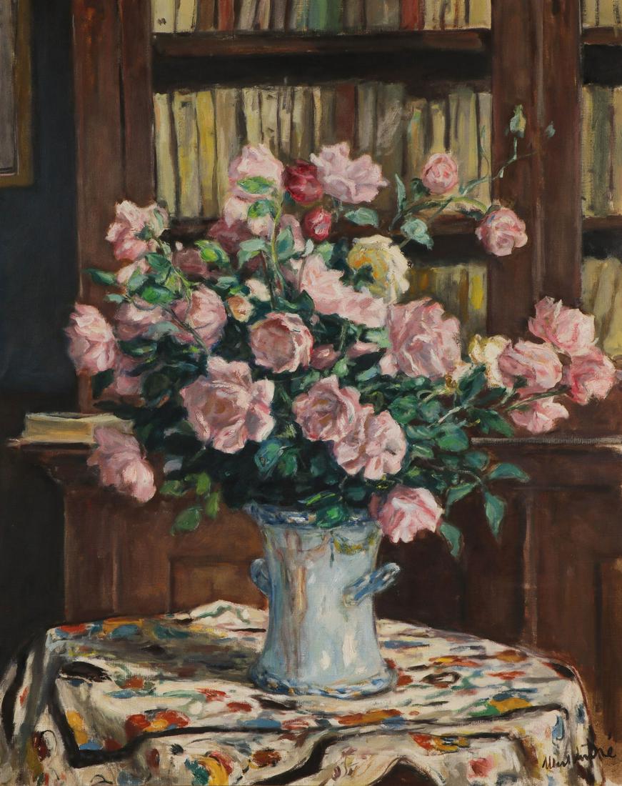 ALBERT ANDRE STILL LIFE: ALBERT ANDRE (French 1869-1954)Bouquet of Roses in Front of a Library Oil on canvasSigned lower right and verso with label inscribed in French with artist's name, title, and inventory or exhibition nu
