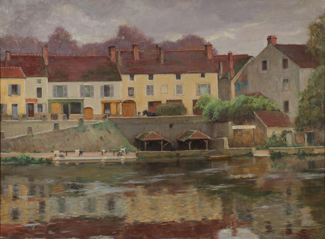 EDGAR CAMERON BRITTANY PAINTING: EDGAR SPIER CAMERON (American 1862-1944) Laundry Day in Brittany- C. 1925 Oil on canvas Signed lower right and verso with 29th Annual Artist's Exhibition Label-Chicago, 1925 24 inches x 32 inches <