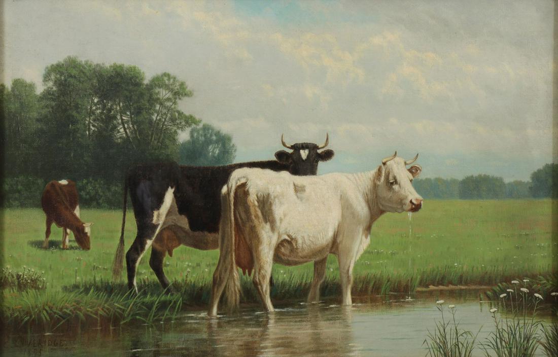 CLINTON LOVERIDGE OIL, 1895: CLINTON LOVERIDGE (American 1838-1915) Cattle Watering- 1895 Oil on canvas Signed and dated lower left 12 inches x 18 inches SHIPPING NOTICE: Jackson's is your