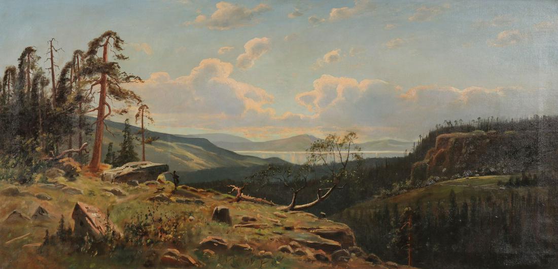 EXPANSIVE HUDSON RIVER LANDSCAPE: AMERICAN SCHOOL (Circa 1915) Expansive Hudson River Landscape Oil on canvas Apparently unsigned 18 inches x 36 inches SHIPPING NOTICE: Jackson's is your sole