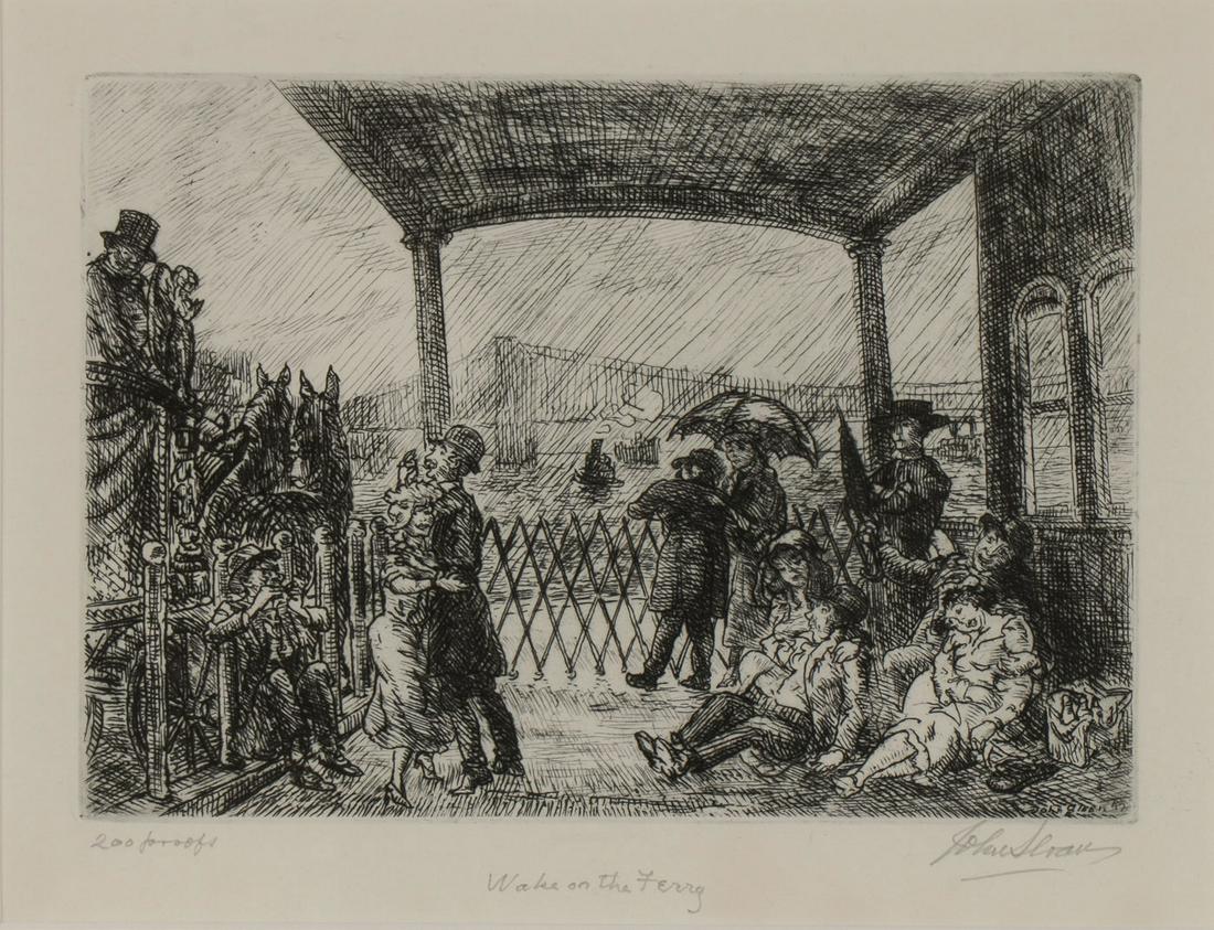 PAIR SIGNED AMERICAN ETCHINGS INCLUDING J SLOAN: PAIR SIGNED AMERICAN ETCHINGS INCLUDING AN ORIGINAL SLOAN. Comprising John Sloan (1871-1951) The Wake on the Ferry - 1949, pencil signed, titled, and annotated "200 proof" on lower margin, 4.9 inches 