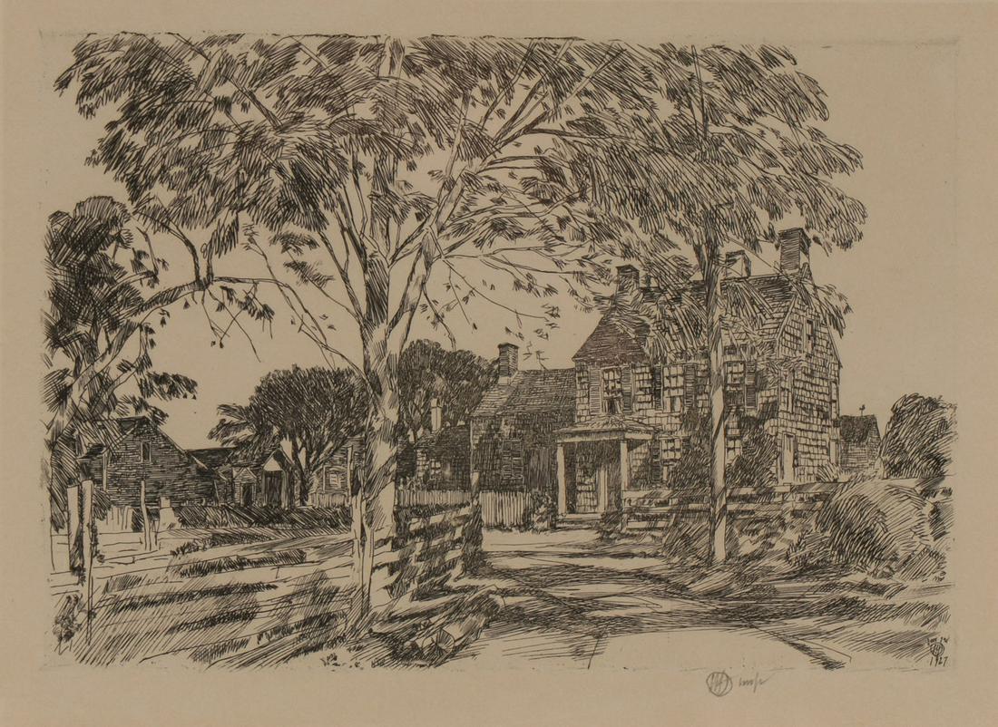 CHILDE HASSAM ETCHING, 1927: CHILDE HASSAM (American 1859-1935) Walt Whitman's Birth-Place Etching Inscribed in plate June 2nd, 1927 lower right Artist signed in pencil lower right 4.4 inches x 6.4 inches
