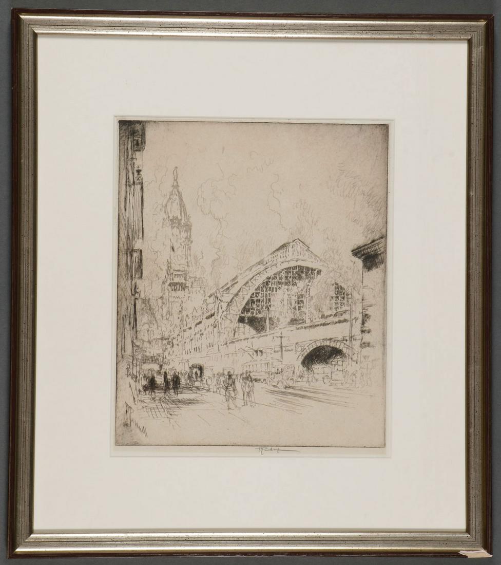 6 SIGNED PRINTS INCLUDING PENNELL & ROTH: SIX SIGNED PRINTS INCLUDING EXAMPLES BY PENNELL & ROTH. Comprising some loose and some framed examples including Joseph Pennell (American 1857-1926), Train Shed, Philadelphia, etching on paper, pencil