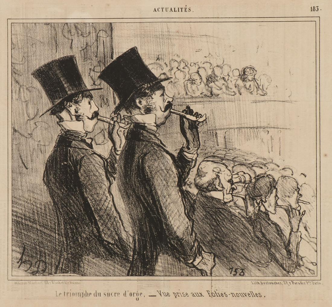 FIVE 19TH CENTURY PRINTS INCLUDING DAUMIER: GROUP OF FIVE 19TH CENTURY PRINTS INCLUDING DAUMIER. Comprising five loose and unframed vintage French Satire prints. Including two original Honore Daumier (French 1808-1879) lithographs for the Frenc
