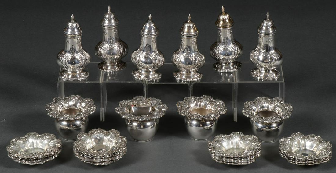 REED & BARTON FRANCIS I STERLING ACCESSORIES: REED & BARTON FRANCIS I STERLING ACCESSORIES GROUP Comprising six Francis I salt and pepper shakers, four Francis I toothpick holders, one with lighter insert, and 19 matching fruit decorated nut dish