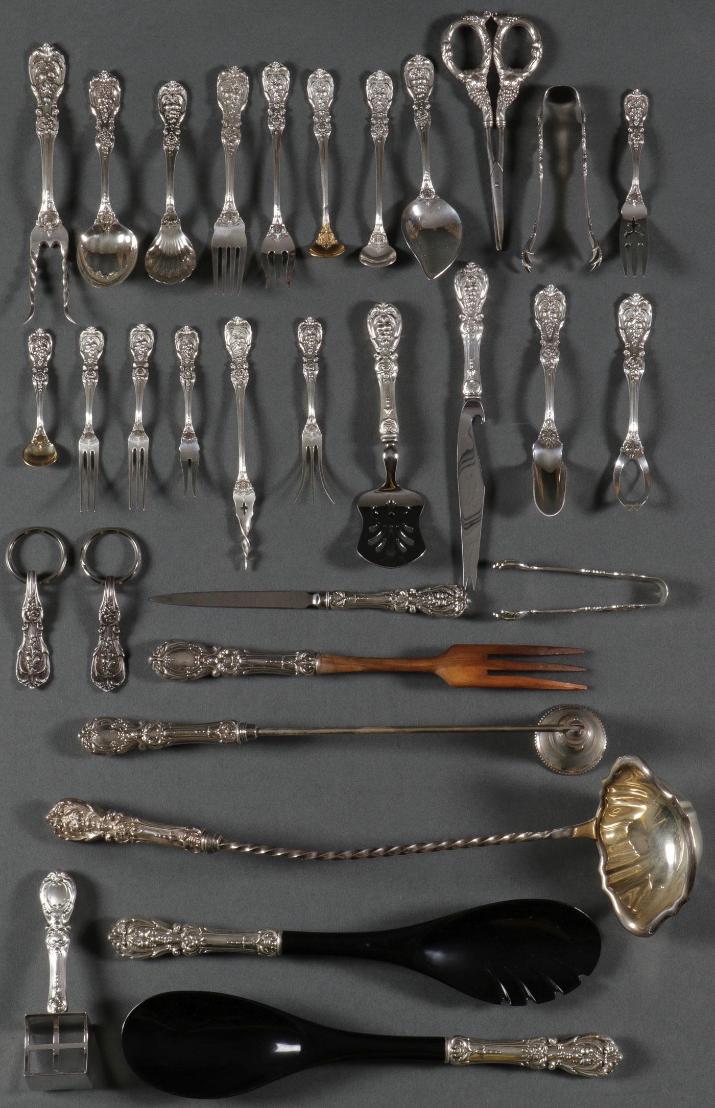REED & BARTON FRANCIS I SERVING UTENSILS: REED & BARTON FRANCIS I SERVING UTENSILS. Comprising 31 Reed & Barton sterling silver serving utensils in Francis I pattern including but not limited to a baked potato fork measuring 7.25 inches, a s