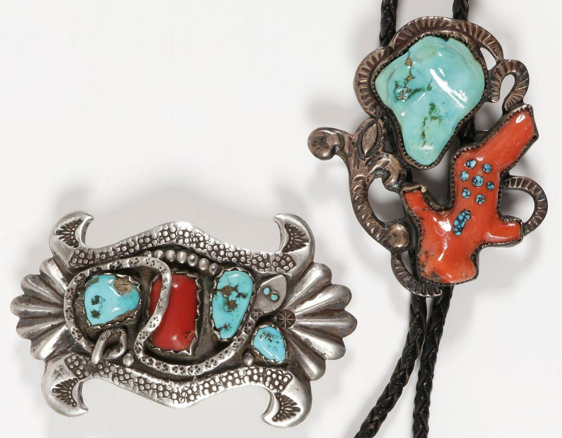 STERLING & TURQUOISE BUCKLE AND BOLO: STERLING & TURQUOISE BUCKLE AND BOLO. Comprising a heavy sterling buckle with turquoise decoration, apparently unmarked, width 3.75 inches, and an attractive sterling bolo, 3 inches. SHIPPING NOTICE:<