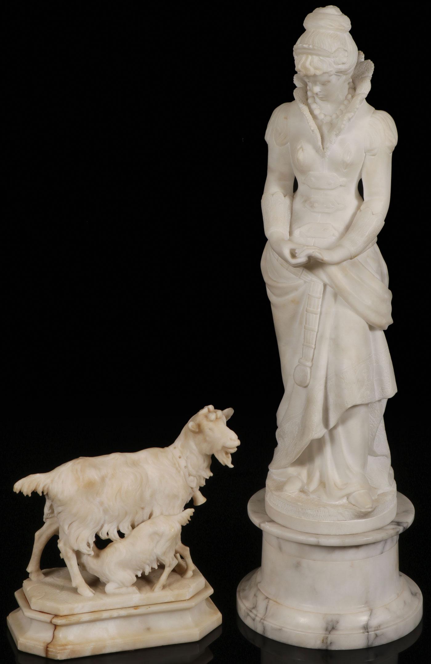 CARVED MARBLE GROUP, 19TH C: CARVED MARBLE GROUP. Comprising an attractive carved figure of a Renaissance costumed maiden. Sculpted in full-round of good proportions and anatomy with deep folds, cascading hair, and good detailing