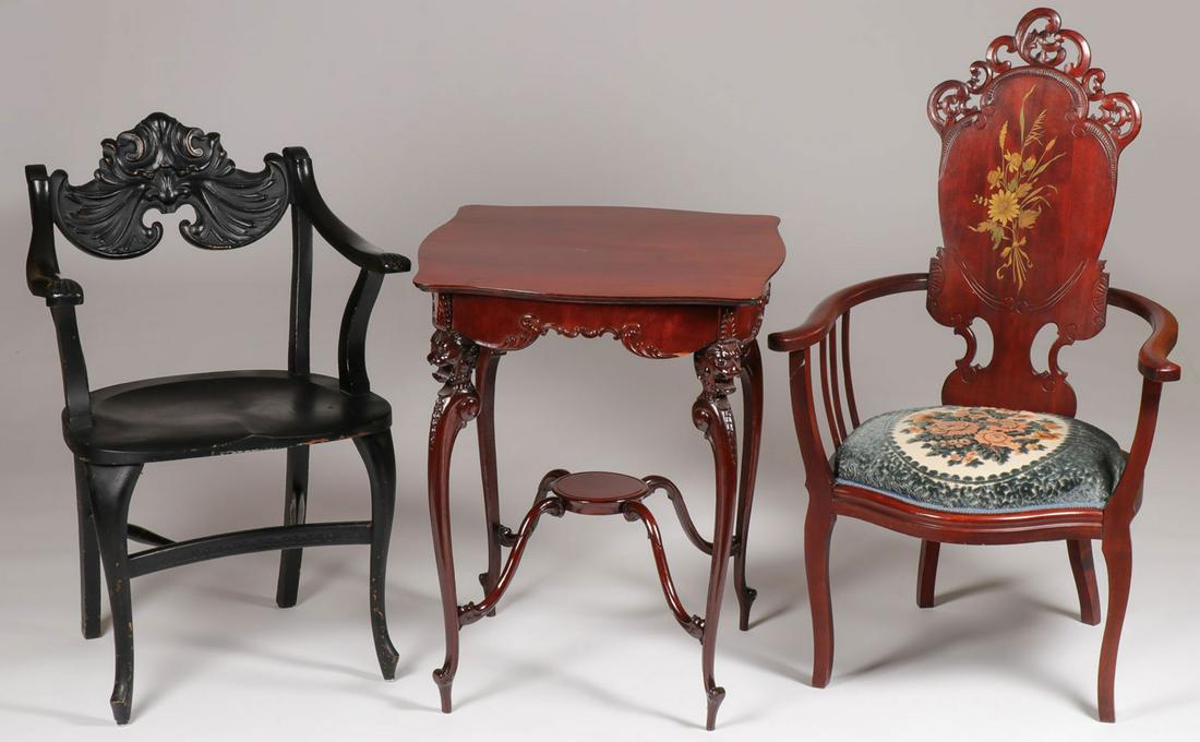 THREE AESTHETIC MOVEMENT PIECES: THREE AESTHETIC MOVEMENT PIECES. Comprising a side chair with wishbone arms, shaped seatback with pierced carved top, and later padded fabric seat, height 42 inches. Together with an ebonized wood sid