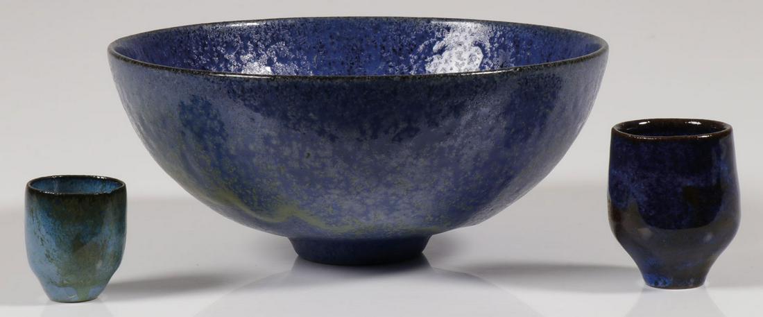 THREE OTTO & GERTRUD NATZLER VESSELS: THREE OTTO & GERTRUD NATZLER VESSELS. Each in varying colors of blue glaze including two miniature examples, and each signed on base NATZLER. The largest example height 1.8 inches, width 4.25 inches.