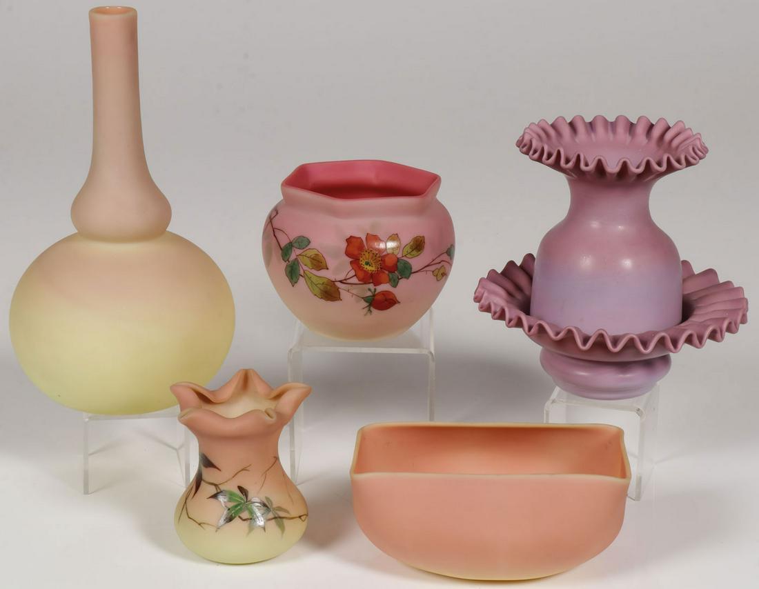 GROUP OF VINTAGE BURMESE GLASS: GROUP OF VINTAGE BURMESE GLASS. Comprising a queen's Burmese ware crimped top toothpick with enameled berry bush, underside mark of Thomas Webb & Sons, together with a squared sided Burmese bowl, unma