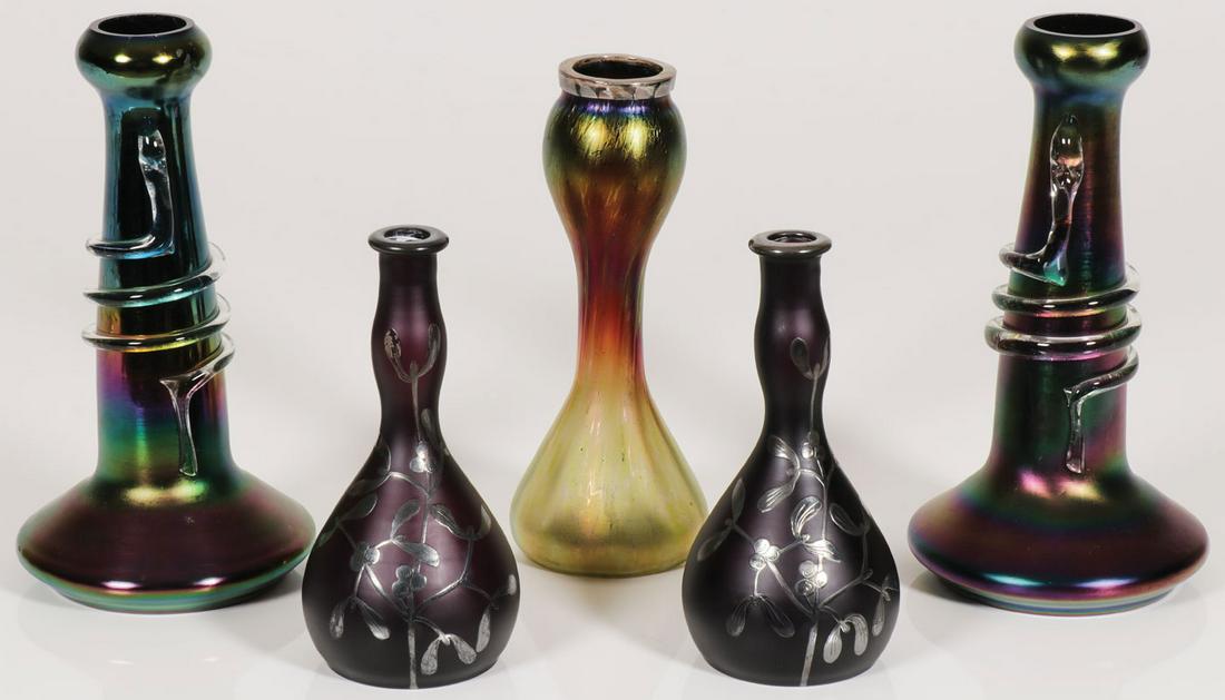 AUSTRIAN ART GLASS GROUPING: AUSTRIAN ART GLASS GROUPING. Comprising a pair of matching Loetz iridescent vases with applied clear glass snakes, height 10.25 inches, a pair of matching gourd-shaped amethyst vases with silver overl