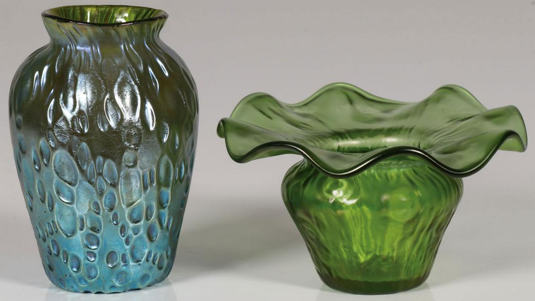 A PAIR OF LOETZ VASES: A PAIR OF LOETZ VASES. Comprising a Diaspora vase in iridized green glass, height 4.6 inches (11.5 cm), with polished pontil but unmarked, and another in green iridescence of flower form with ruffled