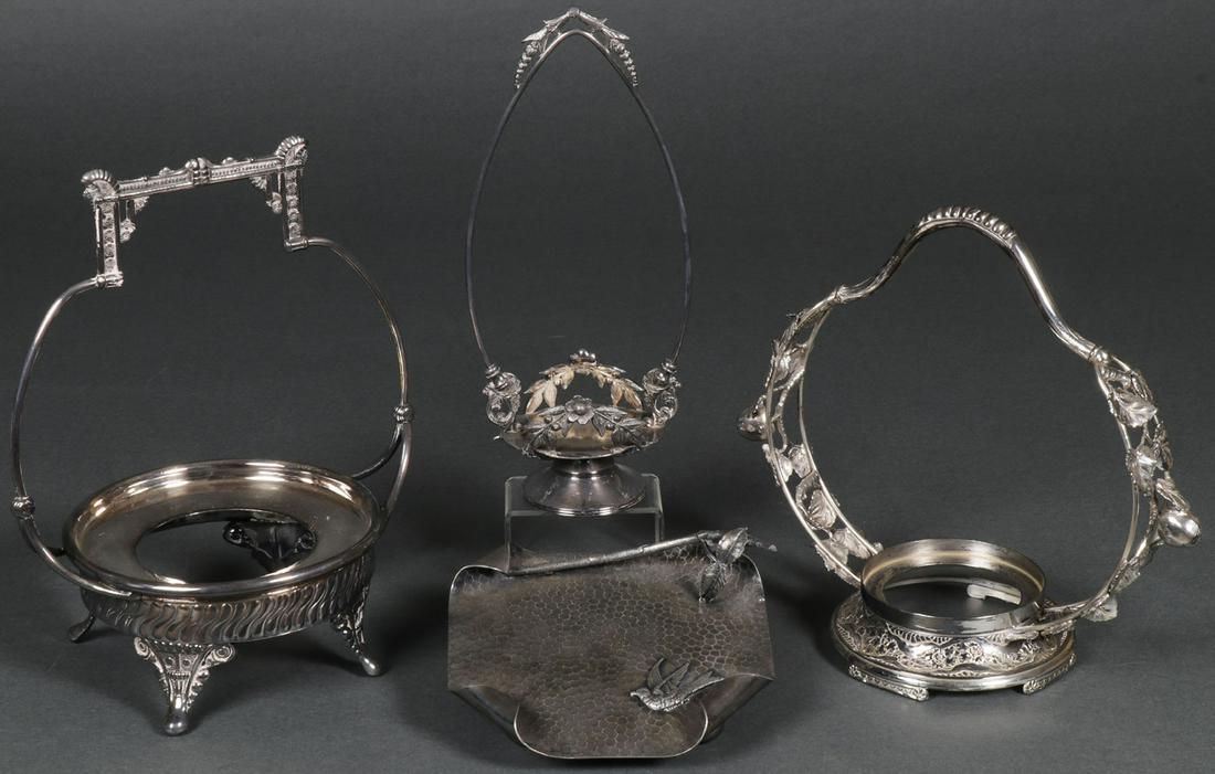 VICTORIAN SILVER PLATED FRAMES: VICTORIAN SILVER PLATED FRAMES. Comprising two bride's basket frames including one Pairpoint example, a caster frame by Rockford, and a Tufts calling card tray on four ball feet with hammered surface,