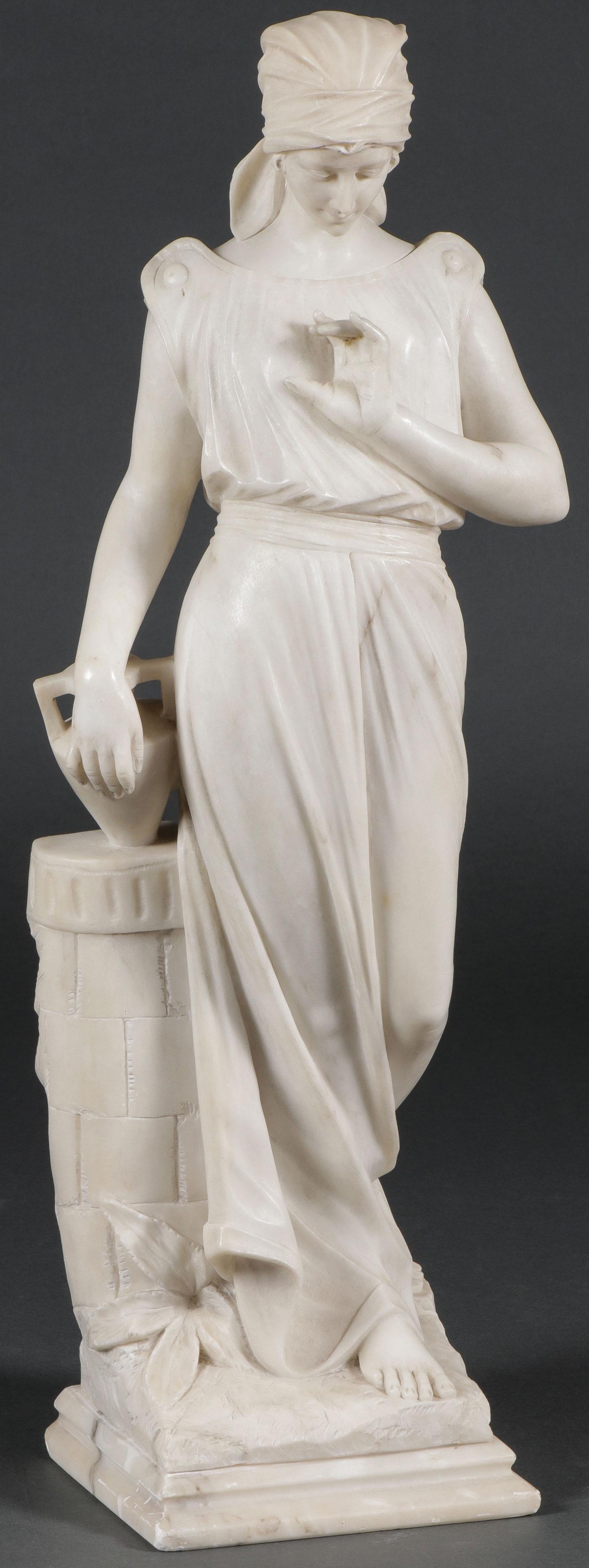 CARVED ALABASTER STATUE, ITALIAN, C. 1890: CARVED ALABASTER STATUE, ITALIAN, C. 1890. A finely carved figure depicting "The Woman at the Well," carved in full round, of good proportions and anatomy, verso inscribed "made in Italy," height 24