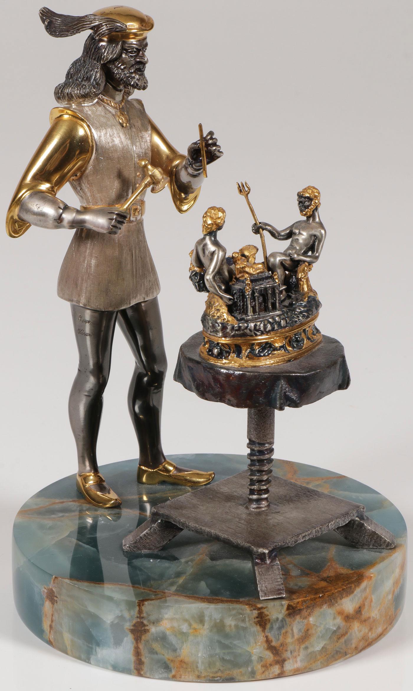 VASARI MIXED METAL SCULPTURE: GIUSEPPE VASARI (Italian 1934-2005)Benvenuto Cellini Making the Cellini Salt Cellar Silvered and gilt metal sculptureSigned on legOverall height including the polished marble base 9 inches (23 cm)